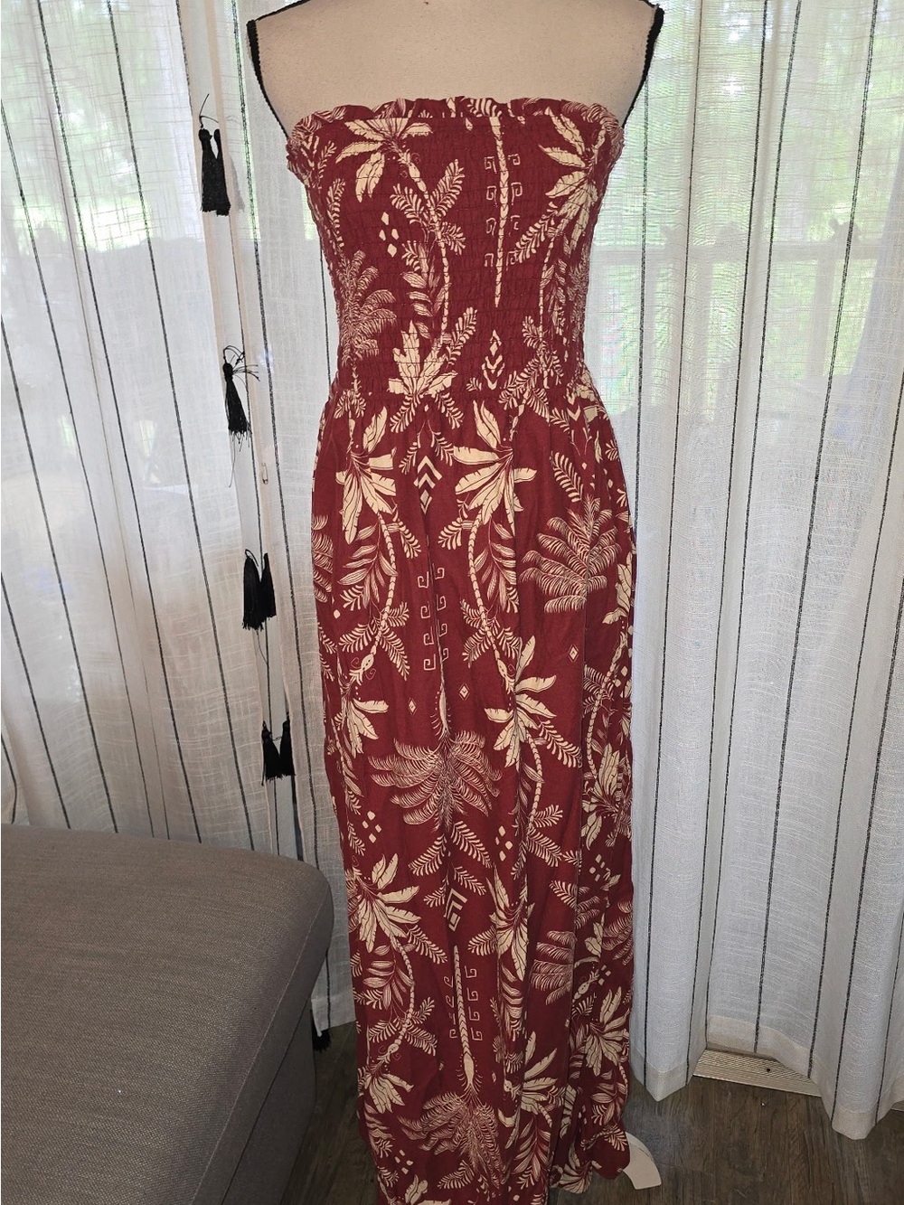 Monteau Strapless Burgundy Maxi Dress with Cream Floral Pattern